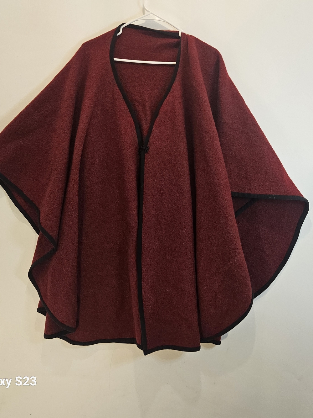 Women's Burgundy Wool Cape Sweater with Black Trim
